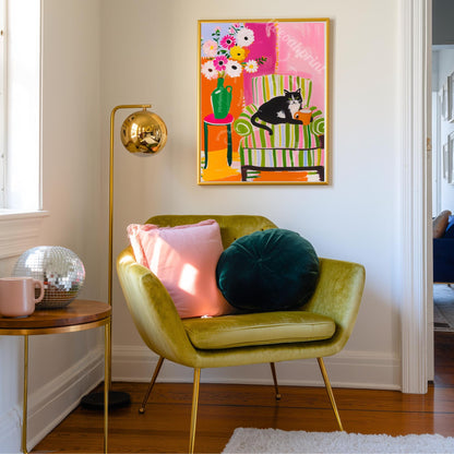 Tuxedo Cat Coffee Print – Colorful Maximalist Wall Art Kitchen Coffee Bar Decor Pink Green Orange Cat Lover Gift Dopamine Decor