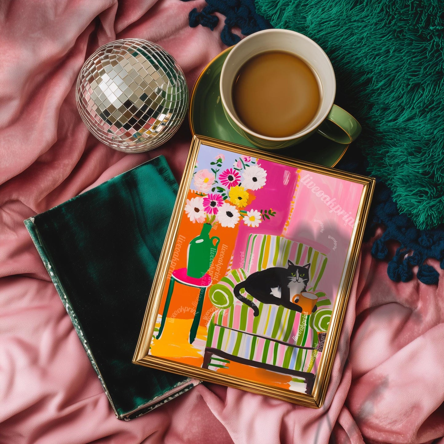 Tuxedo Cat Coffee Print – Colorful Maximalist Wall Art Kitchen Coffee Bar Decor Pink Green Orange Cat Lover Gift Dopamine Decor