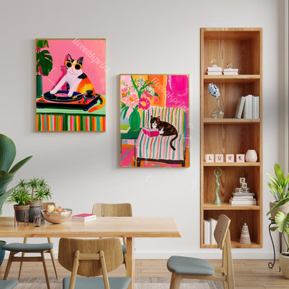 Cat DJ Print – Calico Cat Art Retro Vinyl Record Player Artwork Music Room Decor