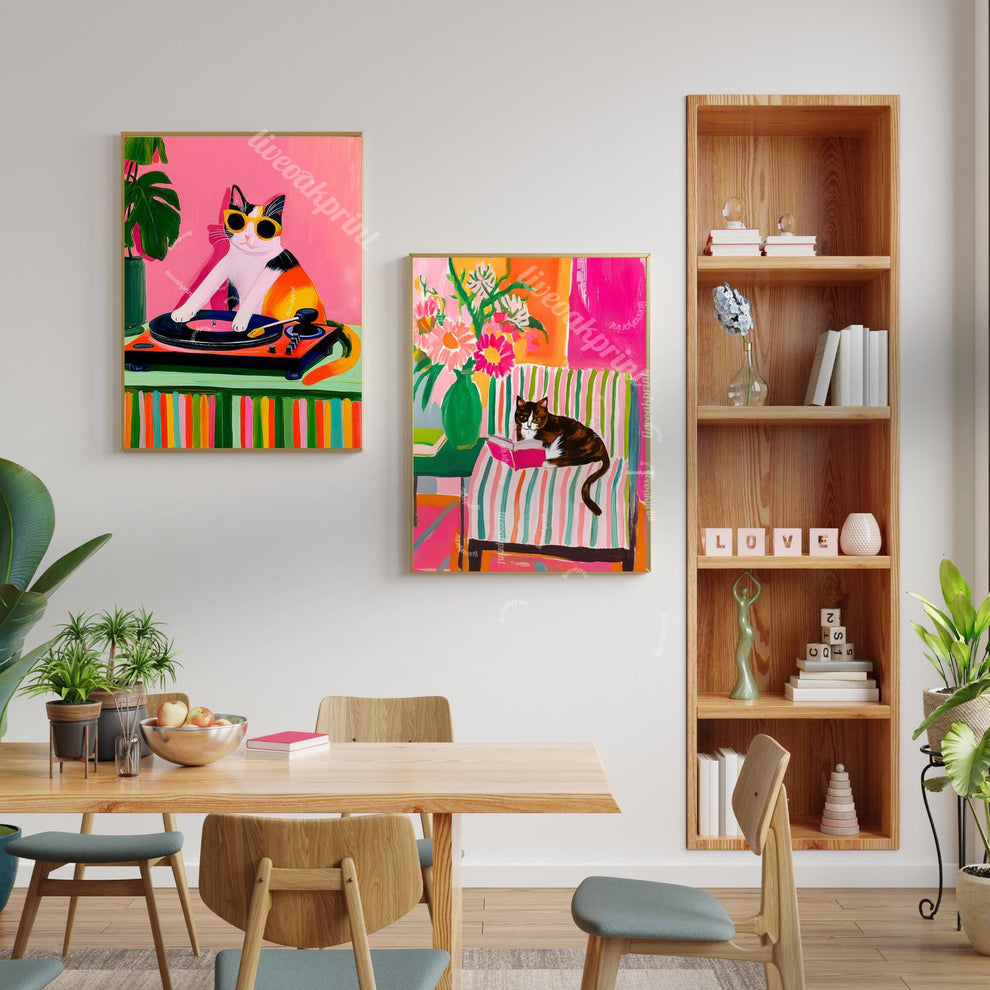 Cat DJ Print – Calico Cat Art Retro Vinyl Record Player Artwork Music Room Decor