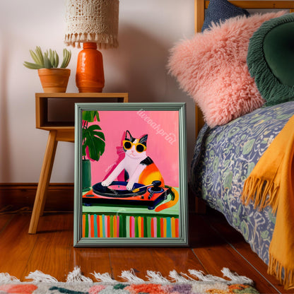 Cat DJ Print – Calico Cat Art Retro Vinyl Record Player Artwork Music Room Decor