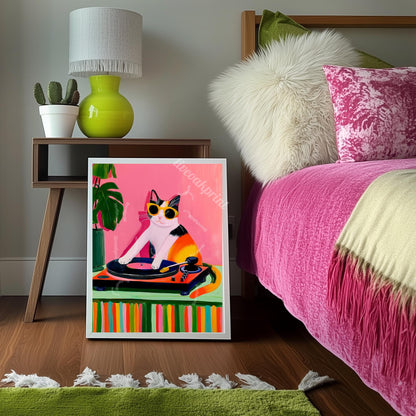 Cat DJ Print – Calico Cat Art Retro Vinyl Record Player Artwork Music Room Decor