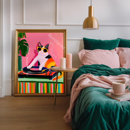 Cat DJ Print – Calico Cat Art Retro Vinyl Record Player Artwork Music Room Decor