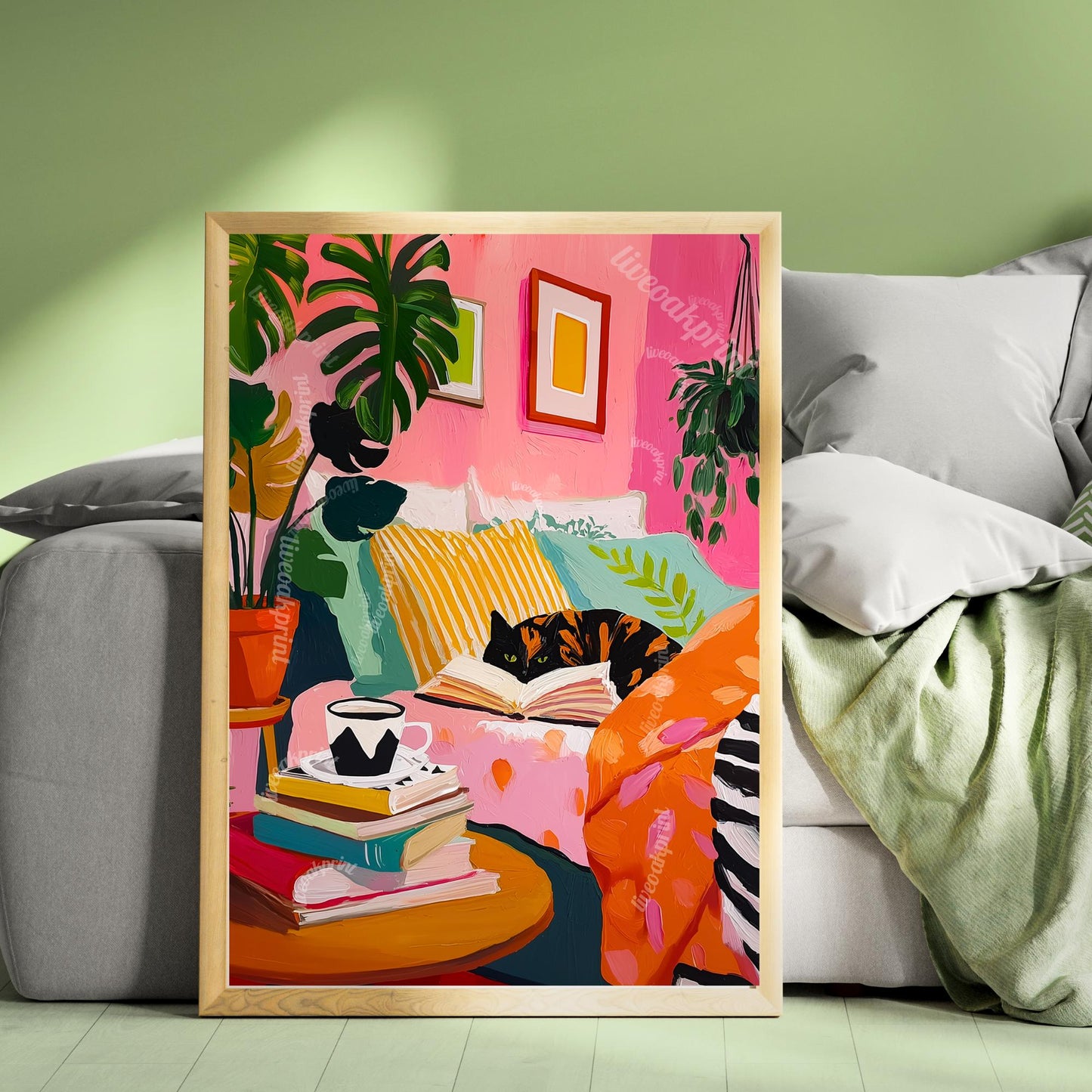 Tortoiseshell Cat Reading in Bed Print – Cozy Bedroom Art Book Lover Gift Pink Plant Decor Tortie Cat Owner Reading Nook Wall Art