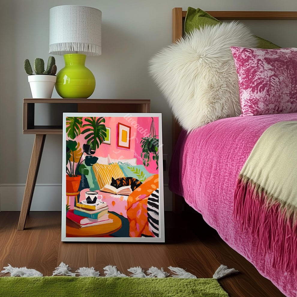 Tortoiseshell Cat Reading in Bed Print – Cozy Bedroom Art Book Lover Gift Pink Plant Decor Tortie Cat Owner Reading Nook Wall Art