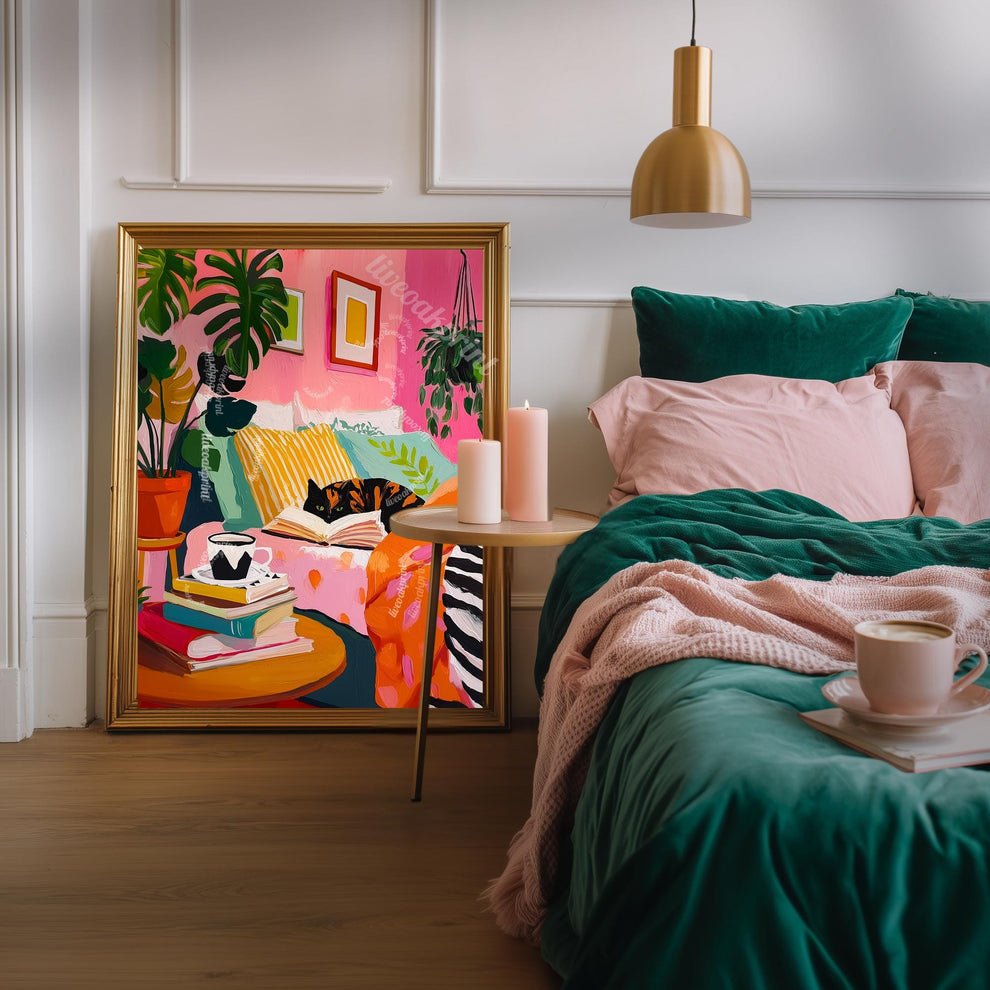 Tortoiseshell Cat Reading in Bed Print – Cozy Bedroom Art Book Lover Gift Pink Plant Decor Tortie Cat Owner Reading Nook Wall Art