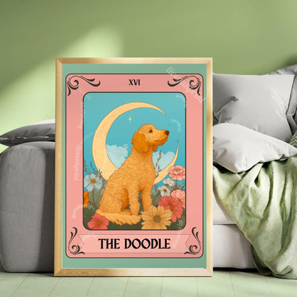 Goldendoodle Tarot Card Print – The Doodle Dog Lover Gift Vintage Mystical Wall Art Labradoodle Owner Moon Flowers Spiritual Decor