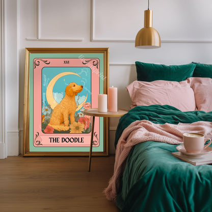 Goldendoodle Tarot Card Print – The Doodle Dog Lover Gift Vintage Mystical Wall Art Labradoodle Owner Moon Flowers Spiritual Decor