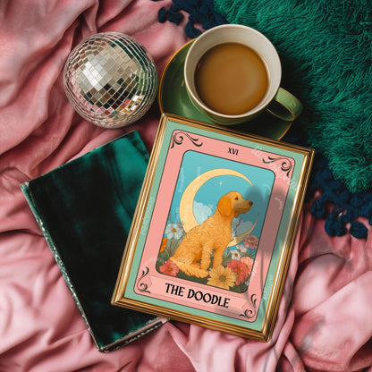 Goldendoodle Tarot Card Print – The Doodle Dog Lover Gift Vintage Mystical Wall Art Labradoodle Owner Moon Flowers Spiritual Decor