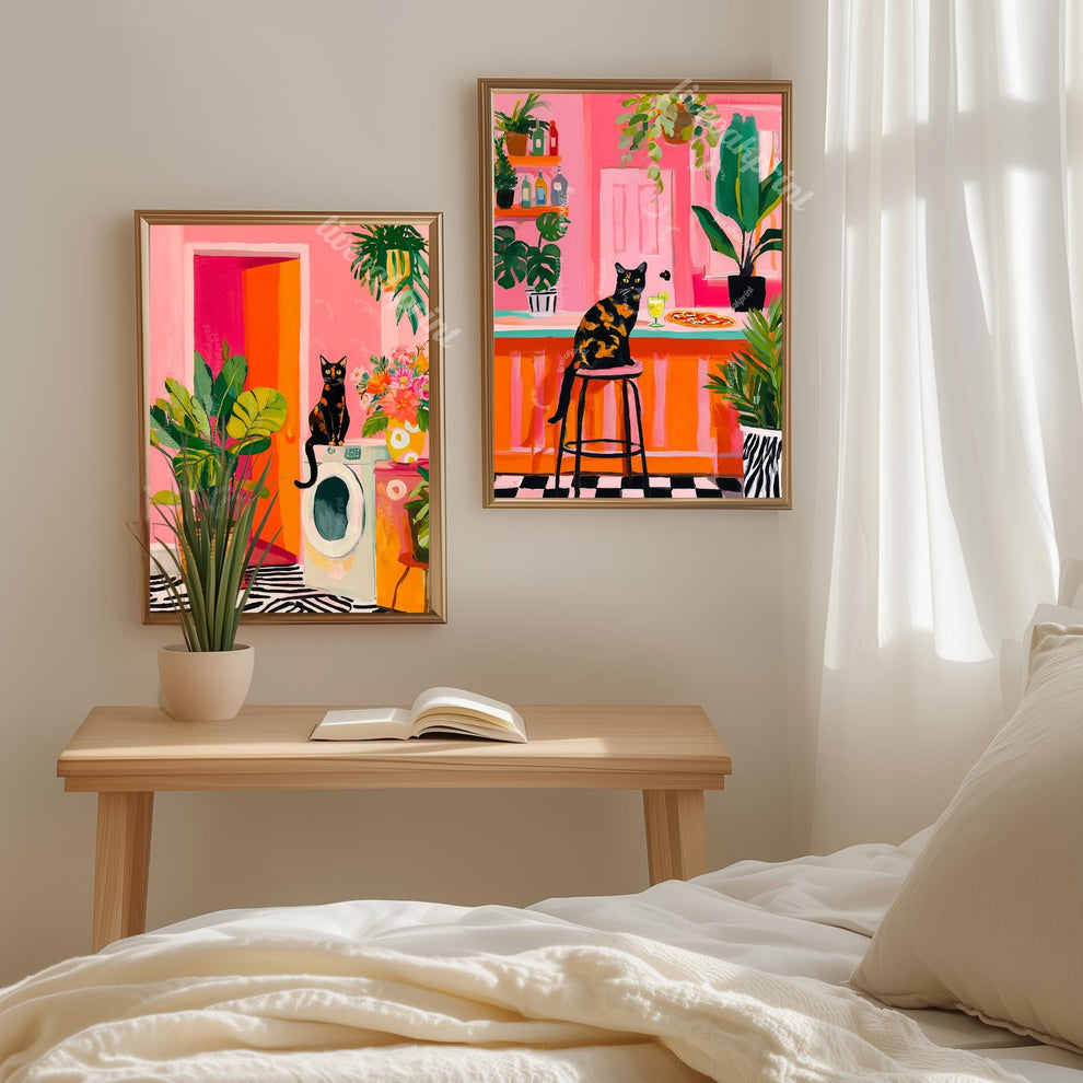 Tortie Cat Laundry Room Print – Pink Washroom Wall Art Plant Decor Tortoiseshell Cat Owner Gift Maximalist Bathroom Utility Room