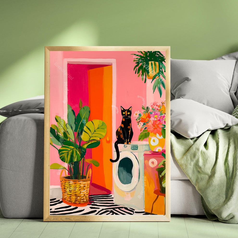 Tortie Cat Laundry Room Print – Pink Washroom Wall Art Plant Decor Tortoiseshell Cat Owner Gift Maximalist Bathroom Utility Room