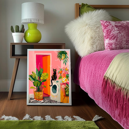 Tortie Cat Laundry Room Print – Pink Washroom Wall Art Plant Decor Tortoiseshell Cat Owner Gift Maximalist Bathroom Utility Room