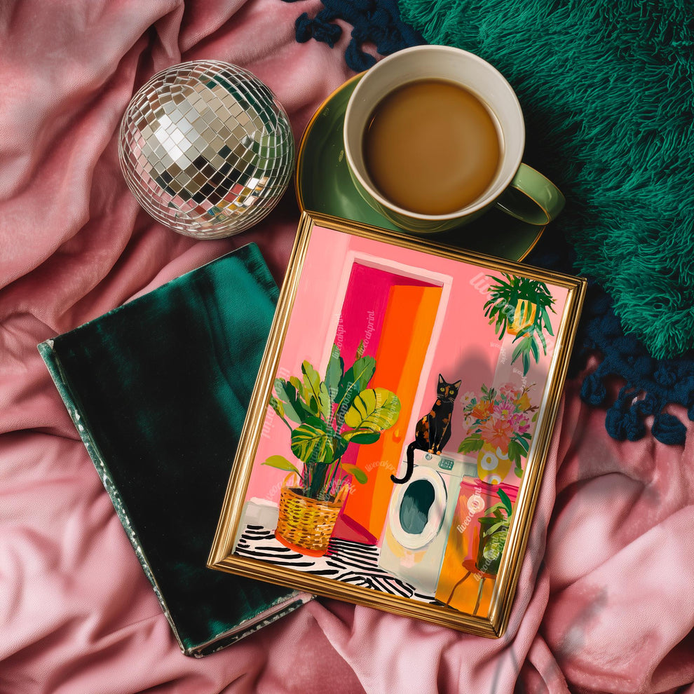 Tortie Cat Laundry Room Print – Pink Washroom Wall Art Plant Decor Tortoiseshell Cat Owner Gift Maximalist Bathroom Utility Room
