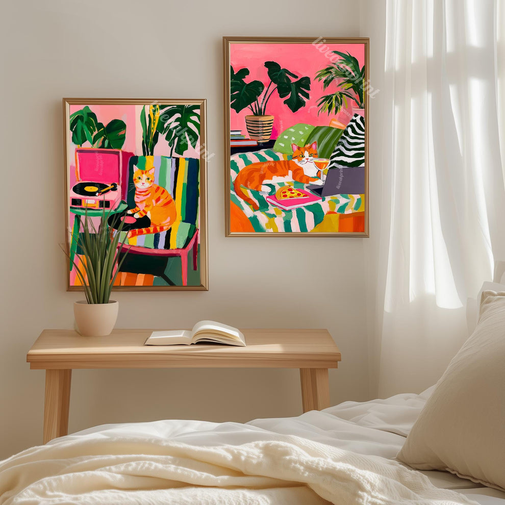 Orange Cat Pizza Print – Cozy Living Room Art Cocktail Wall Decor Orange Tabby Cat Lover Gift Plant Art Maximalist Home