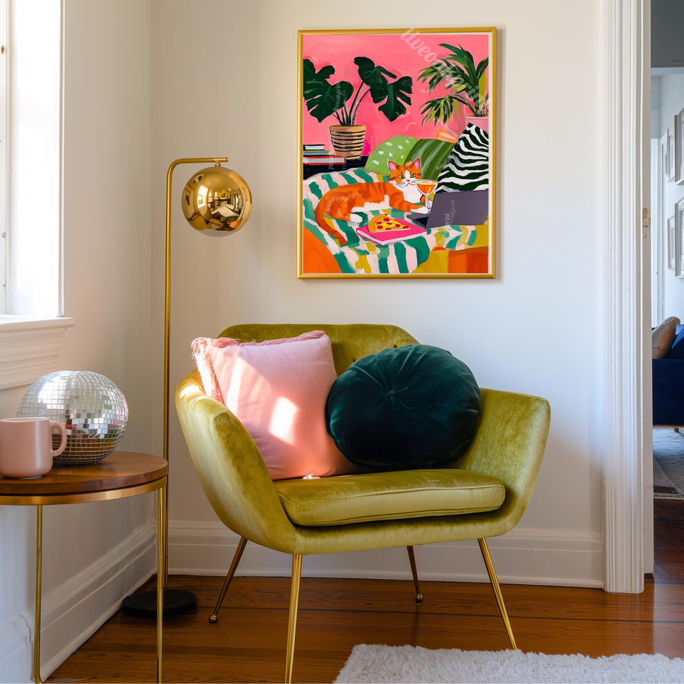 Orange Cat Pizza Print – Cozy Living Room Art Cocktail Wall Decor Orange Tabby Cat Lover Gift Plant Art Maximalist Home