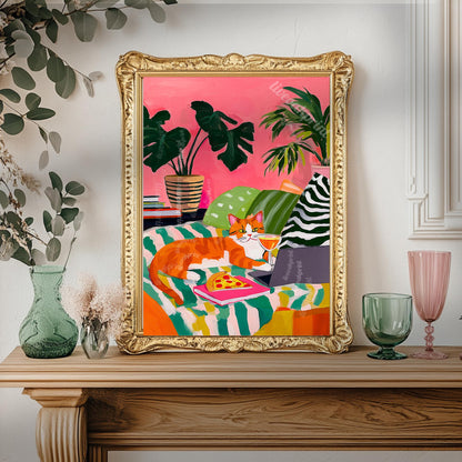 Orange Cat Pizza Print – Cozy Living Room Art Cocktail Wall Decor Orange Tabby Cat Lover Gift Plant Art Maximalist Home
