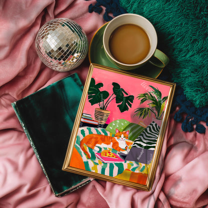 Orange Cat Pizza Print – Cozy Living Room Art Cocktail Wall Decor Orange Tabby Cat Lover Gift Plant Art Maximalist Home
