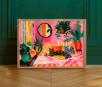 Tortoiseshell Cat Pizza Print – Horizontal Living Room Art Pink Couch Wall Decor Plant Lover Gift Above Couch Art Maximalist