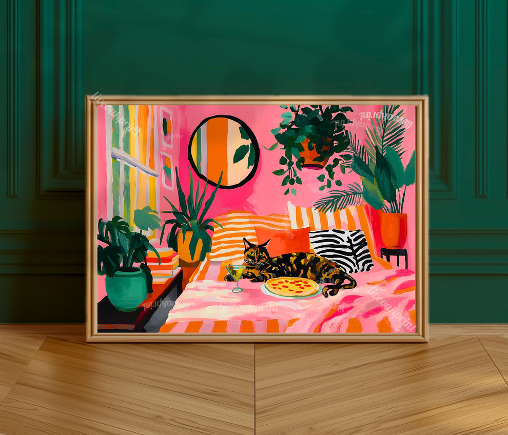 Tortoiseshell Cat Pizza Print – Horizontal Living Room Art Pink Couch Wall Decor Plant Lover Gift Above Couch Art Maximalist