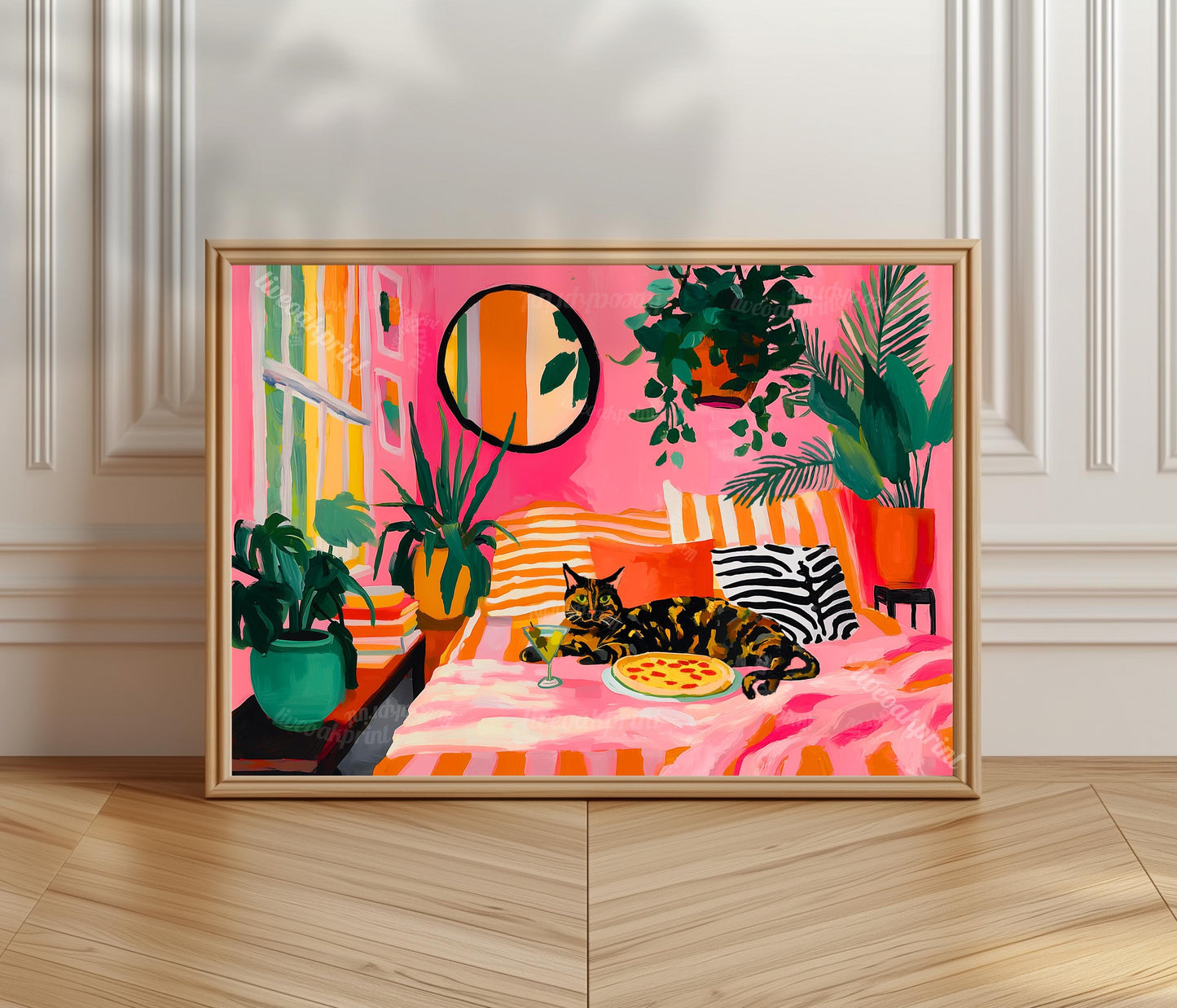 Tortoiseshell Cat Pizza Print – Horizontal Living Room Art Pink Couch Wall Decor Plant Lover Gift Above Couch Art Maximalist