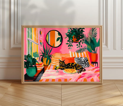 Tortoiseshell Cat Pizza Print – Horizontal Living Room Art Pink Couch Wall Decor Plant Lover Gift Above Couch Art Maximalist