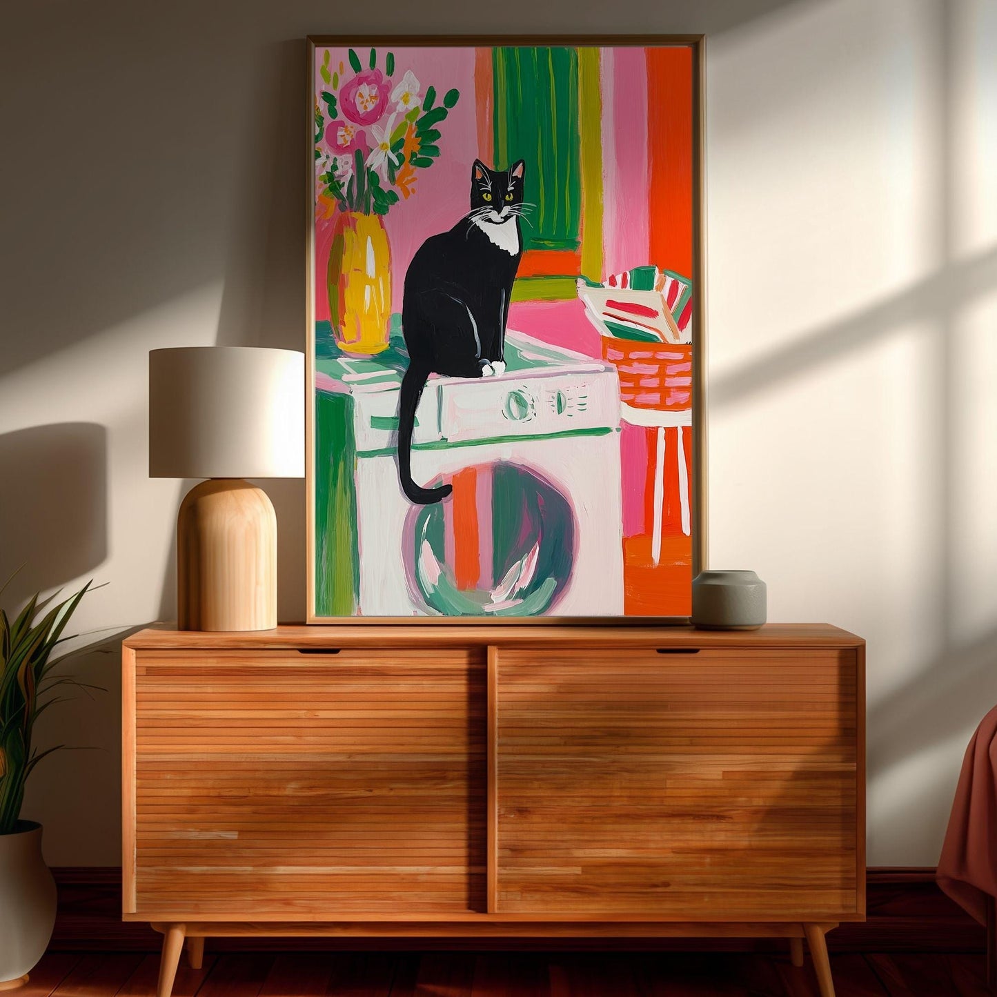 Tuxedo Cat In A Laundry Room Art Print - Cat Washroom Wall Decor