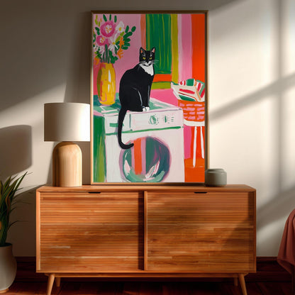 Tuxedo Cat In A Laundry Room Art Print - Cat Washroom Wall Decor
