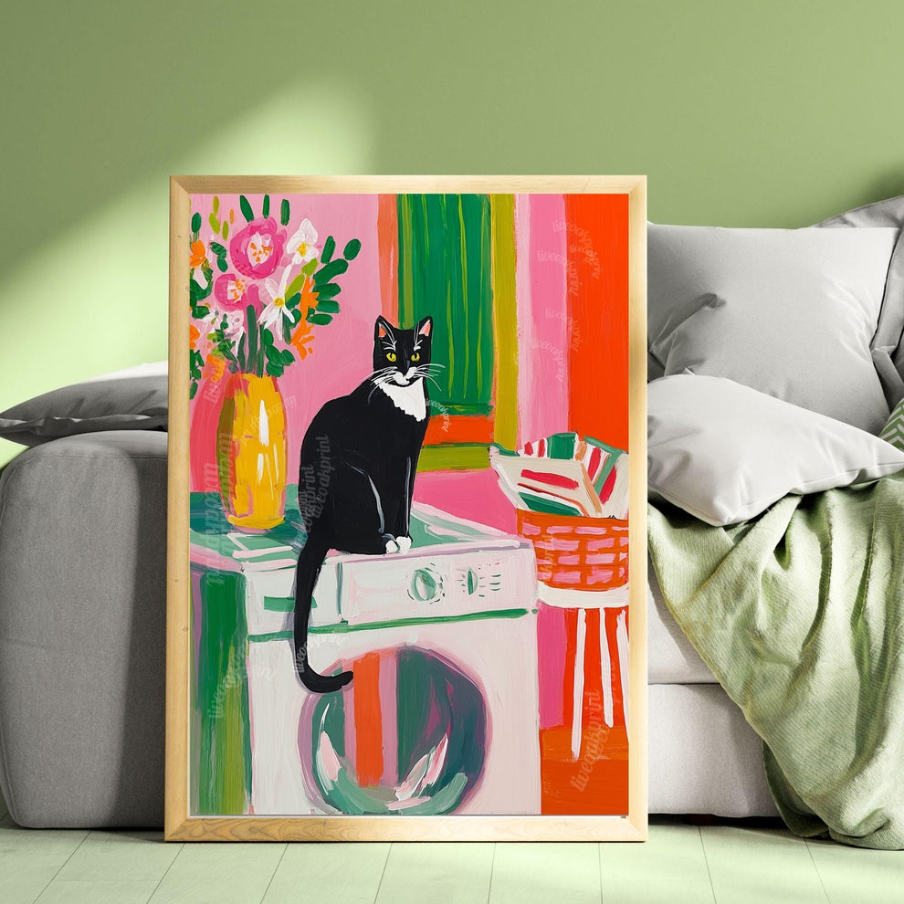 Tuxedo Cat In A Laundry Room Art Print - Cat Washroom Wall Decor