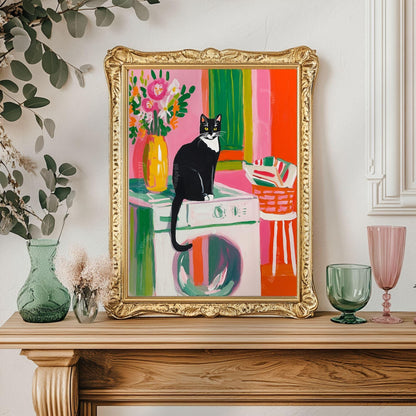 Tuxedo Cat In A Laundry Room Art Print - Cat Washroom Wall Decor