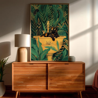 Cat in A Sink Print - Green and Gold Tortoiseshell Cat