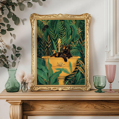 Cat in A Sink Print - Green and Gold Tortoiseshell Cat