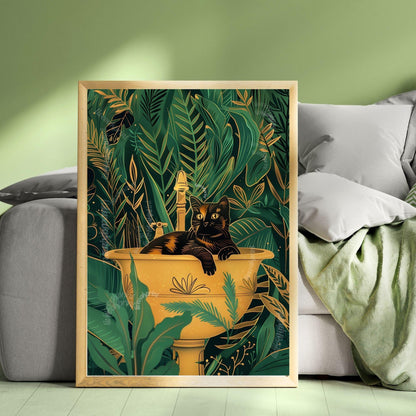 Cat in A Sink Print - Green and Gold Tortoiseshell Cat