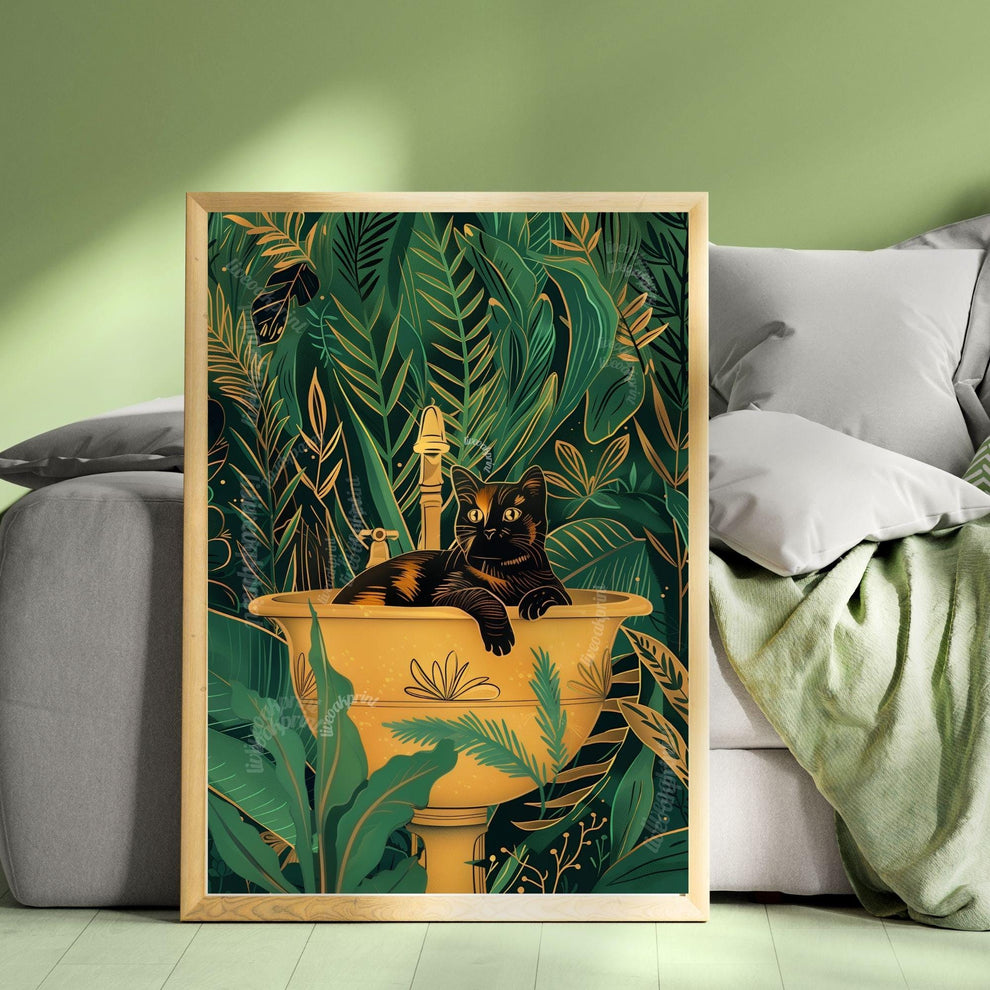 Cat in A Sink Print - Green and Gold Tortoiseshell Cat