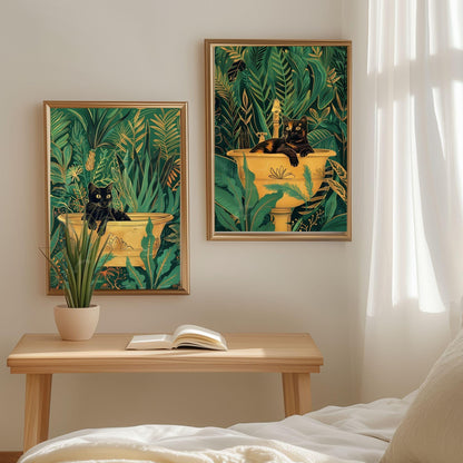 Cats in Bathtub and Sink Prints – Green Gold Tropical Bathroom Wall Art