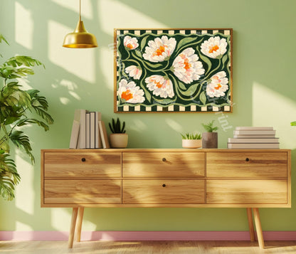 Horizontal Farmhouse Floral Art Print – Green Farmhouse Wall Art Above Couch Decor Cream Orange Modern Farmhouse Checkered Folk Art Gift