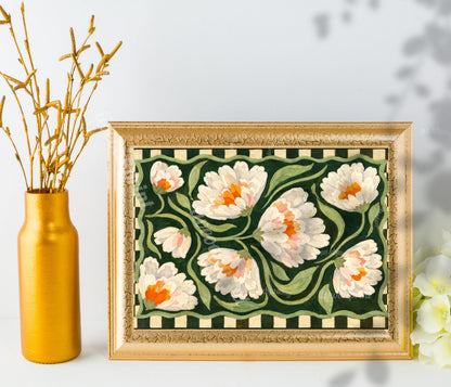 Horizontal Farmhouse Floral Art Print – Green Farmhouse Wall Art Above Couch Decor Cream Orange Modern Farmhouse Checkered Folk Art Gift