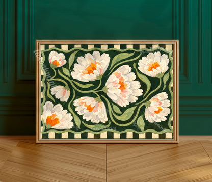 Horizontal Farmhouse Floral Art Print – Green Farmhouse Wall Art Above Couch Decor Cream Orange Modern Farmhouse Checkered Folk Art Gift