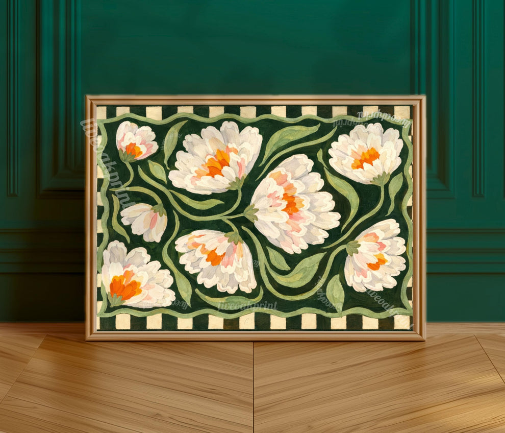 Horizontal Farmhouse Floral Art Print – Green Farmhouse Wall Art Above Couch Decor Cream Orange Modern Farmhouse Checkered Folk Art Gift