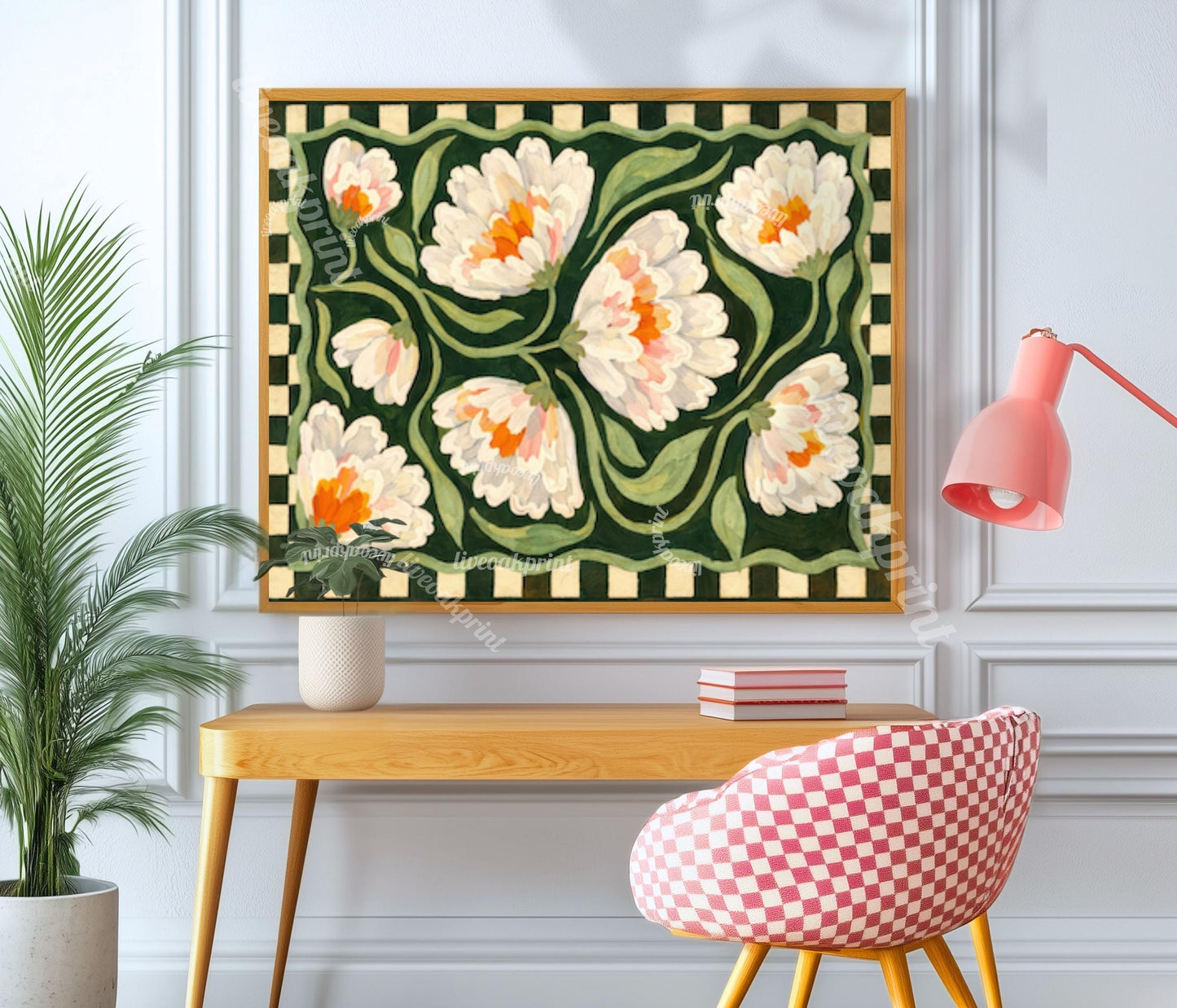 Horizontal Farmhouse Floral Art Print – Green Farmhouse Wall Art Above Couch Decor Cream Orange Modern Farmhouse Checkered Folk Art Gift