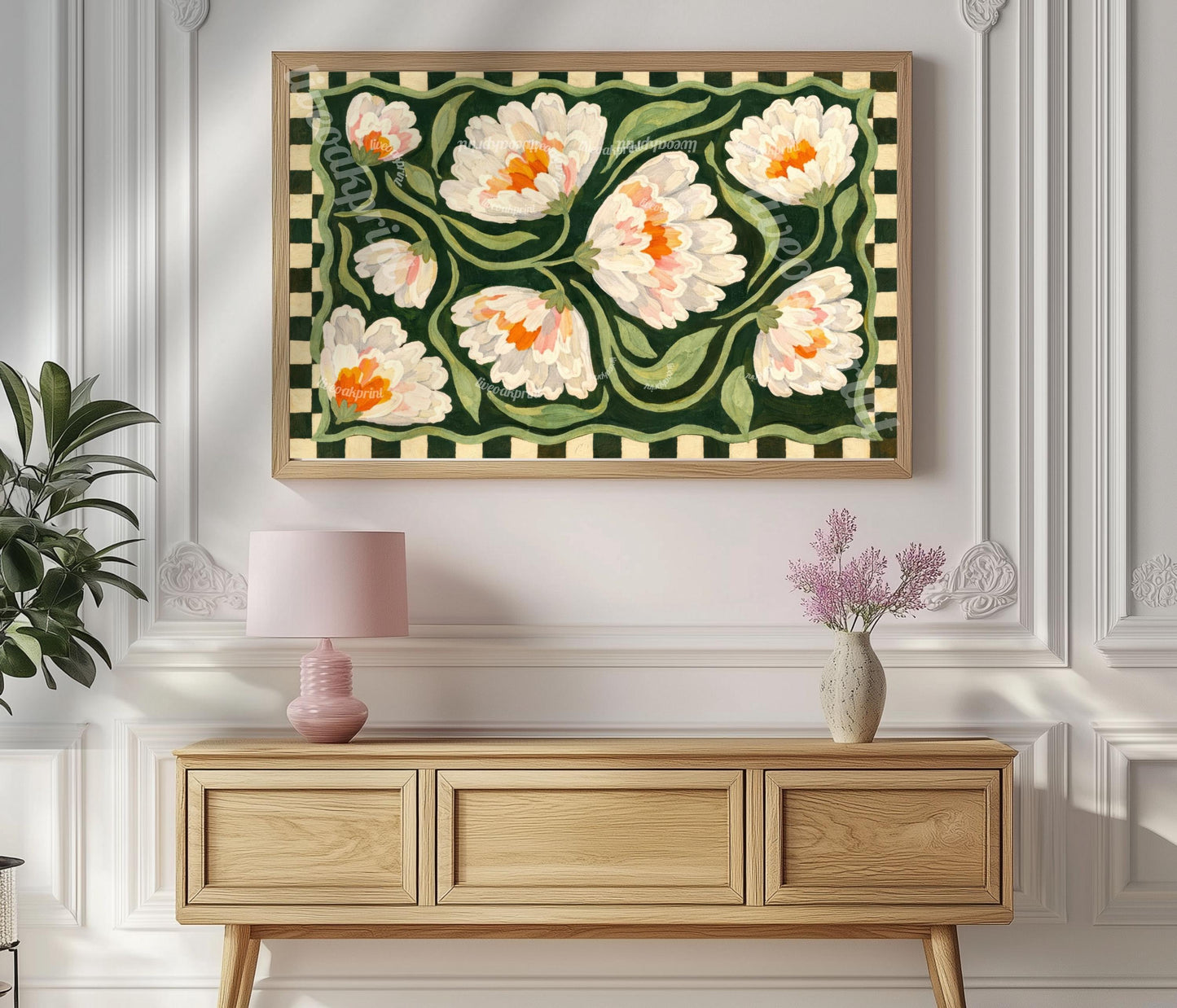 Horizontal Farmhouse Floral Art Print – Green Farmhouse Wall Art Above Couch Decor Cream Orange Modern Farmhouse Checkered Folk Art Gift