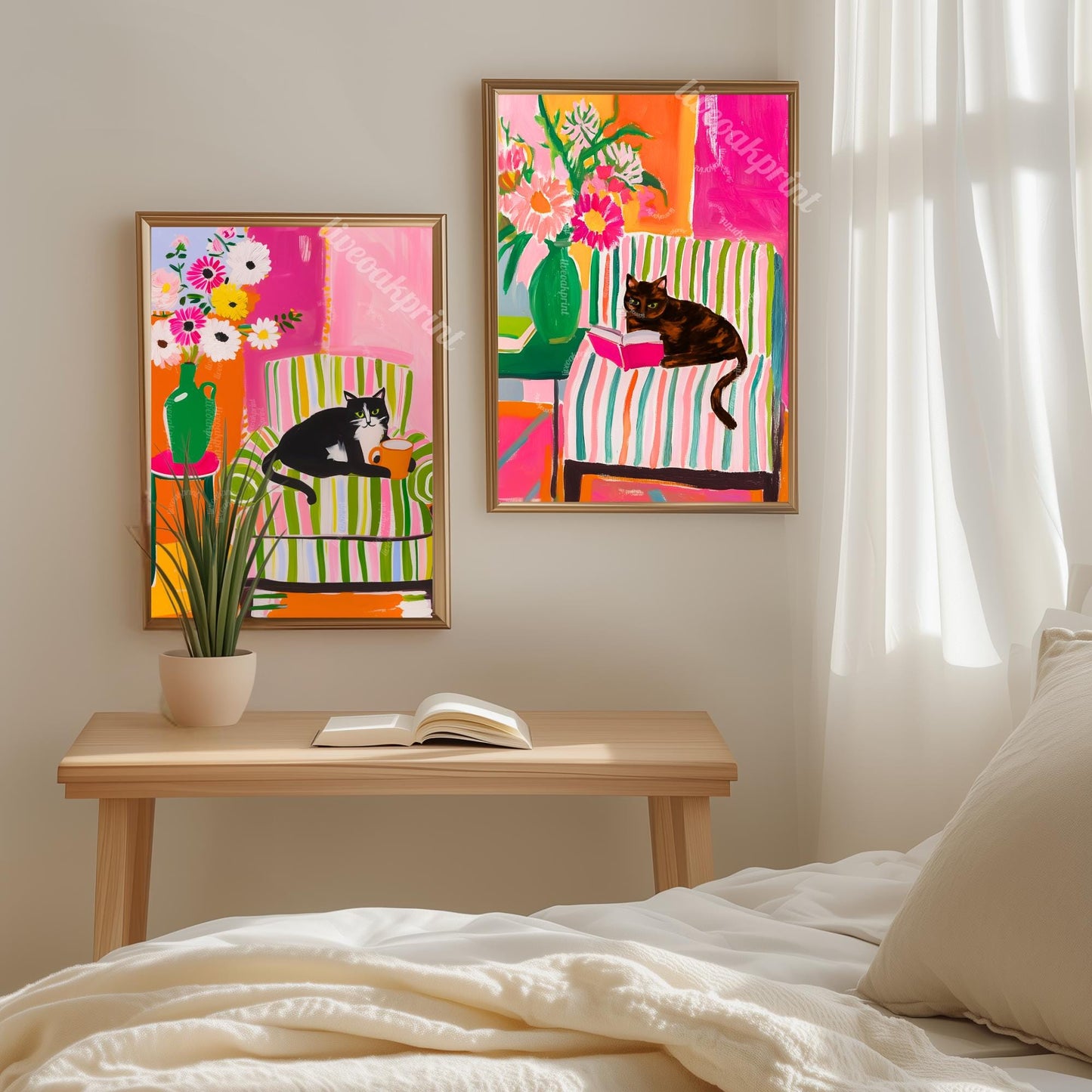 Tuxedo Cat Coffee Print – Colorful Maximalist Wall Art Kitchen Coffee Bar Decor Pink Green Orange Cat Lover Gift Dopamine Decor