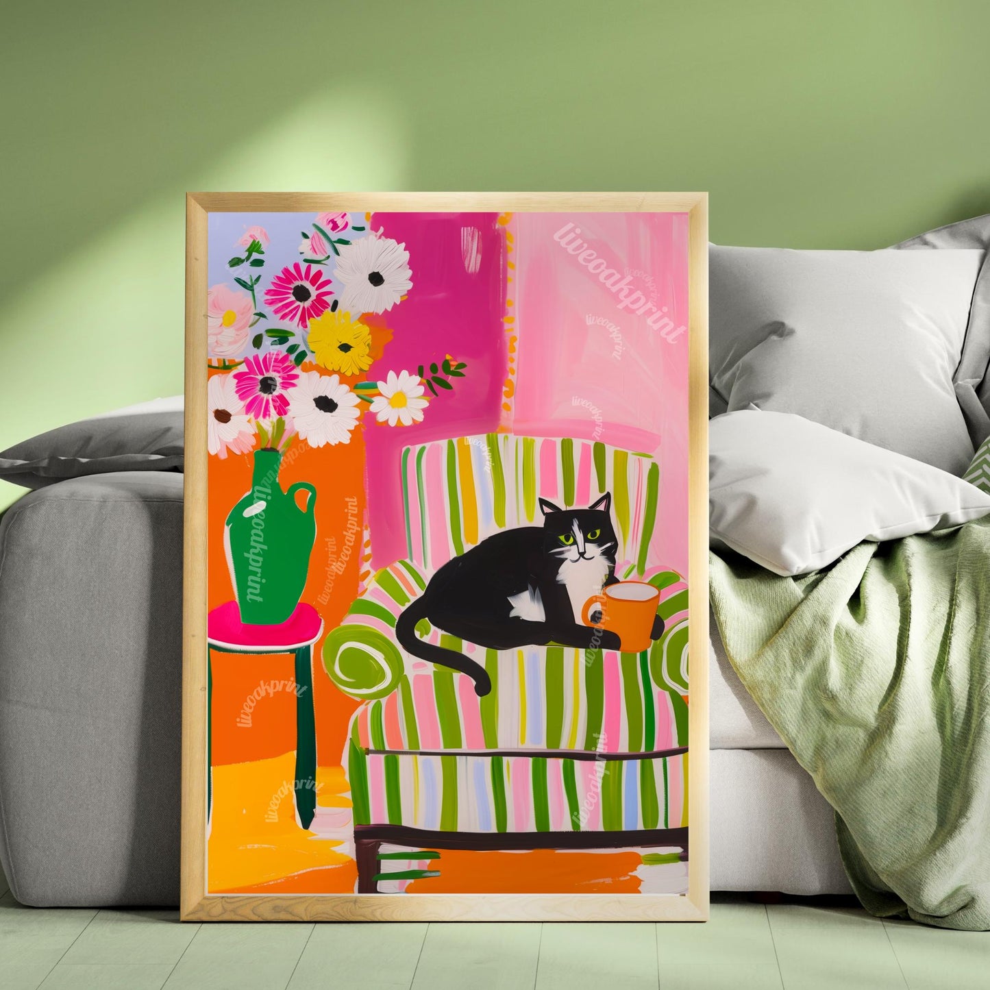 Tuxedo Cat Coffee Print – Colorful Maximalist Wall Art Kitchen Coffee Bar Decor Pink Green Orange Cat Lover Gift Dopamine Decor
