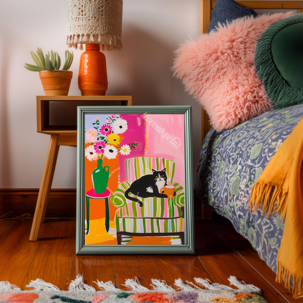 Tuxedo Cat Coffee Print – Colorful Maximalist Wall Art Kitchen Coffee Bar Decor Pink Green Orange Cat Lover Gift Dopamine Decor