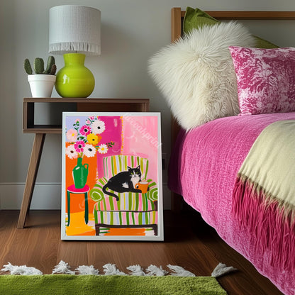 Tuxedo Cat Coffee Print – Colorful Maximalist Wall Art Kitchen Coffee Bar Decor Pink Green Orange Cat Lover Gift Dopamine Decor