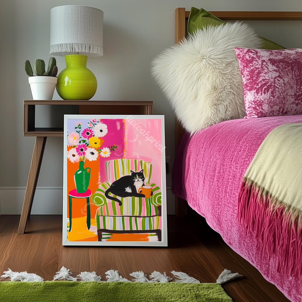 Tuxedo Cat Coffee Print – Colorful Maximalist Wall Art Kitchen Coffee Bar Decor Pink Green Orange Cat Lover Gift Dopamine Decor