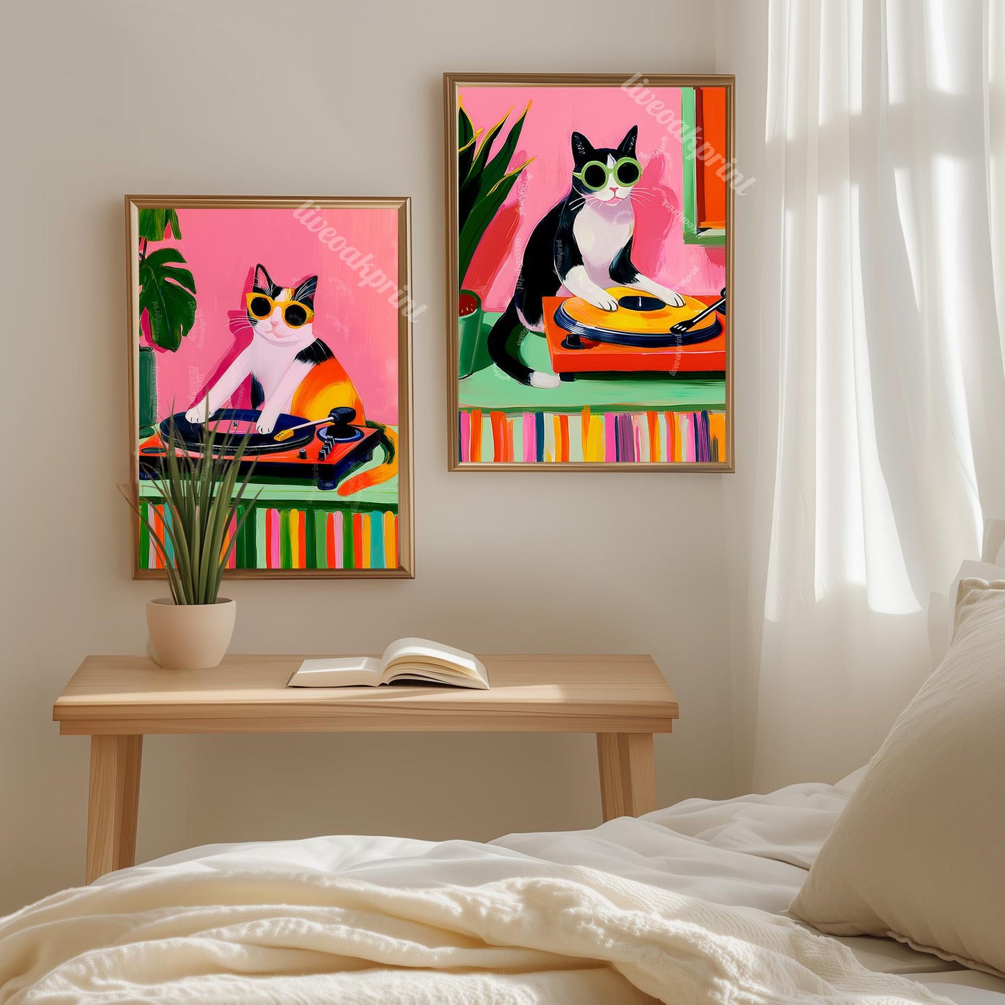 Cat DJ Print – Calico Cat Art Retro Vinyl Record Player Artwork Music Room Decor