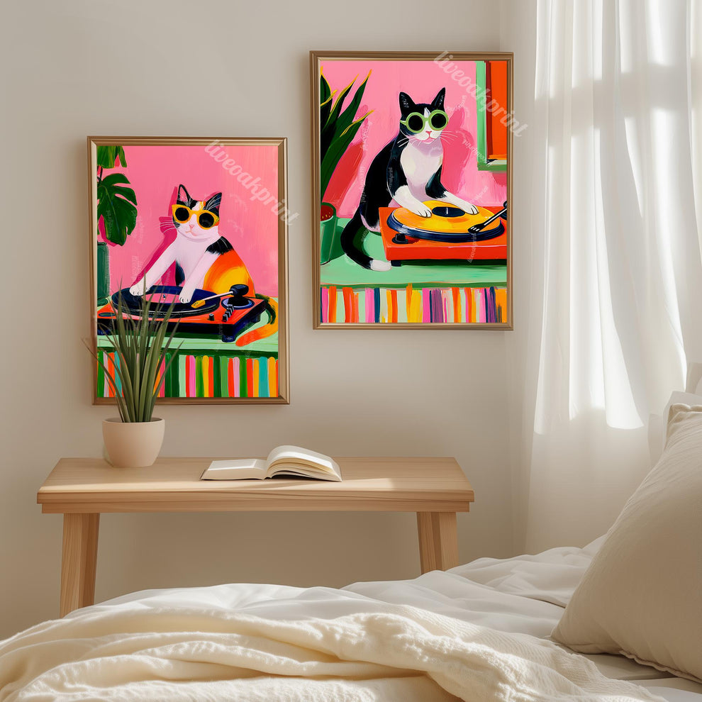 Cat DJ Print – Calico Cat Art Retro Vinyl Record Player Artwork Music Room Decor