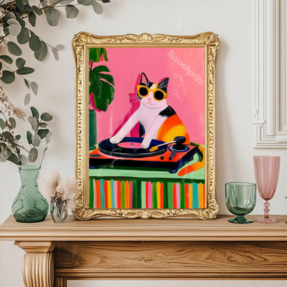 Cat DJ Print – Calico Cat Art Retro Vinyl Record Player Artwork Music Room Decor