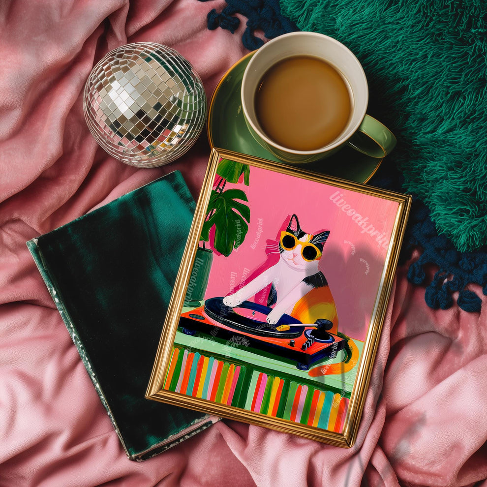 Cat DJ Print – Calico Cat Art Retro Vinyl Record Player Artwork Music Room Decor