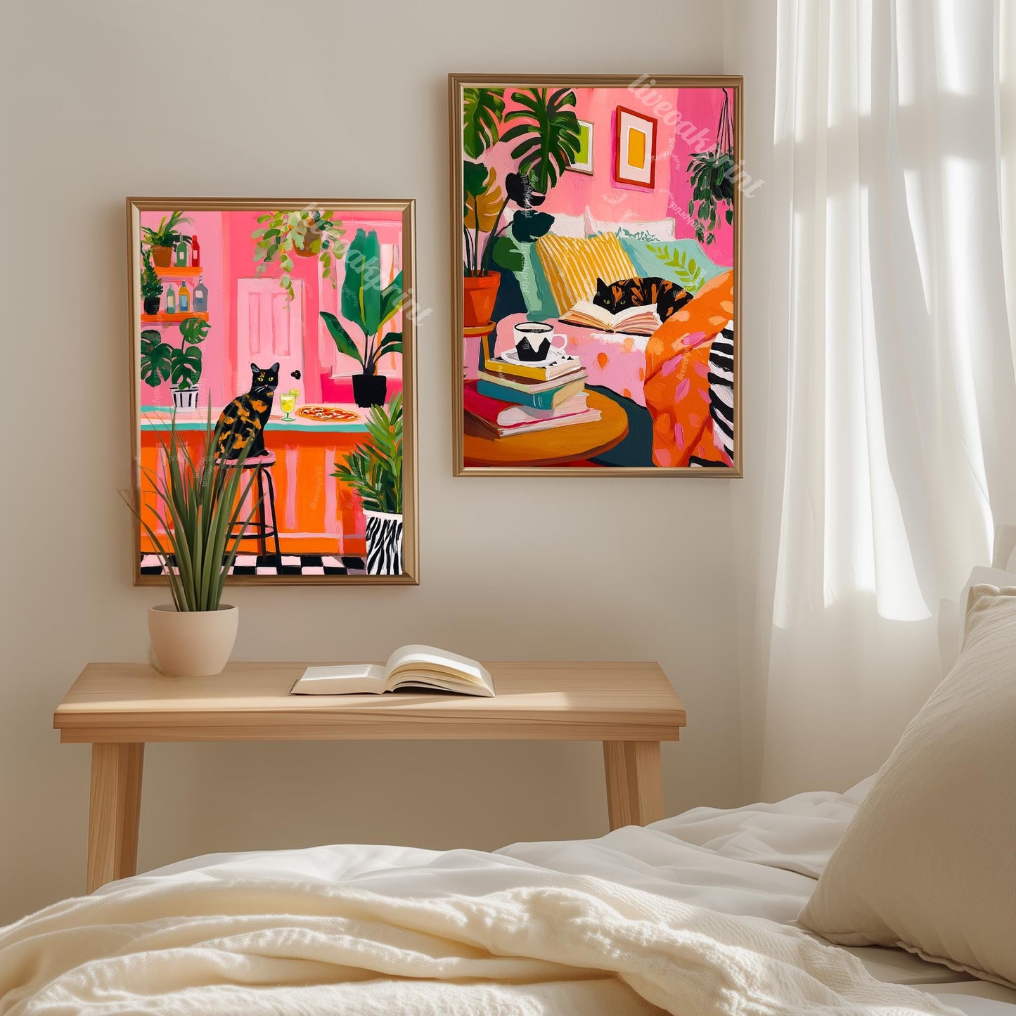 Tortoiseshell Cat Reading in Bed Print – Cozy Bedroom Art Book Lover Gift Pink Plant Decor Tortie Cat Owner Reading Nook Wall Art